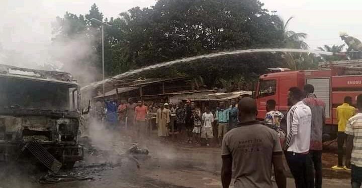 BREAKING: IPOB sit-at-home enforcers burn Trailer loaded with Goods in Enugu [PICTURES]