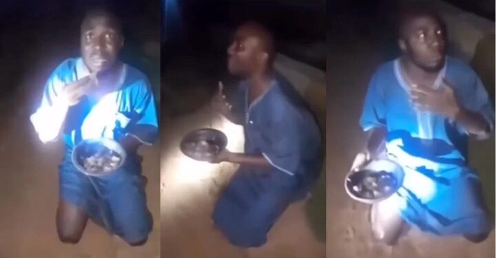 Reactions As Vigilante Forces Suspected Yahoo Boy To Eat Bowl Of Sacrifice He Was Caught With [See Video]